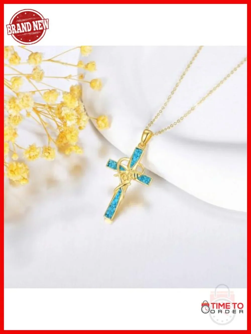 14K Solid Gold Cross Pendant Necklace with Turquoise Faith Jewelry